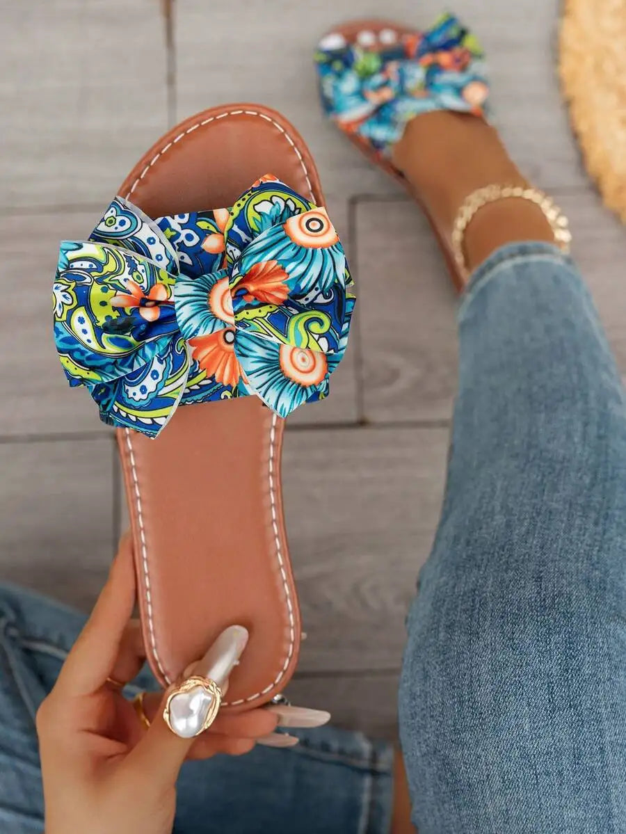 Womens Summer Floral Bow Flat Sandals Bohemian Style Beach Casual Slippers