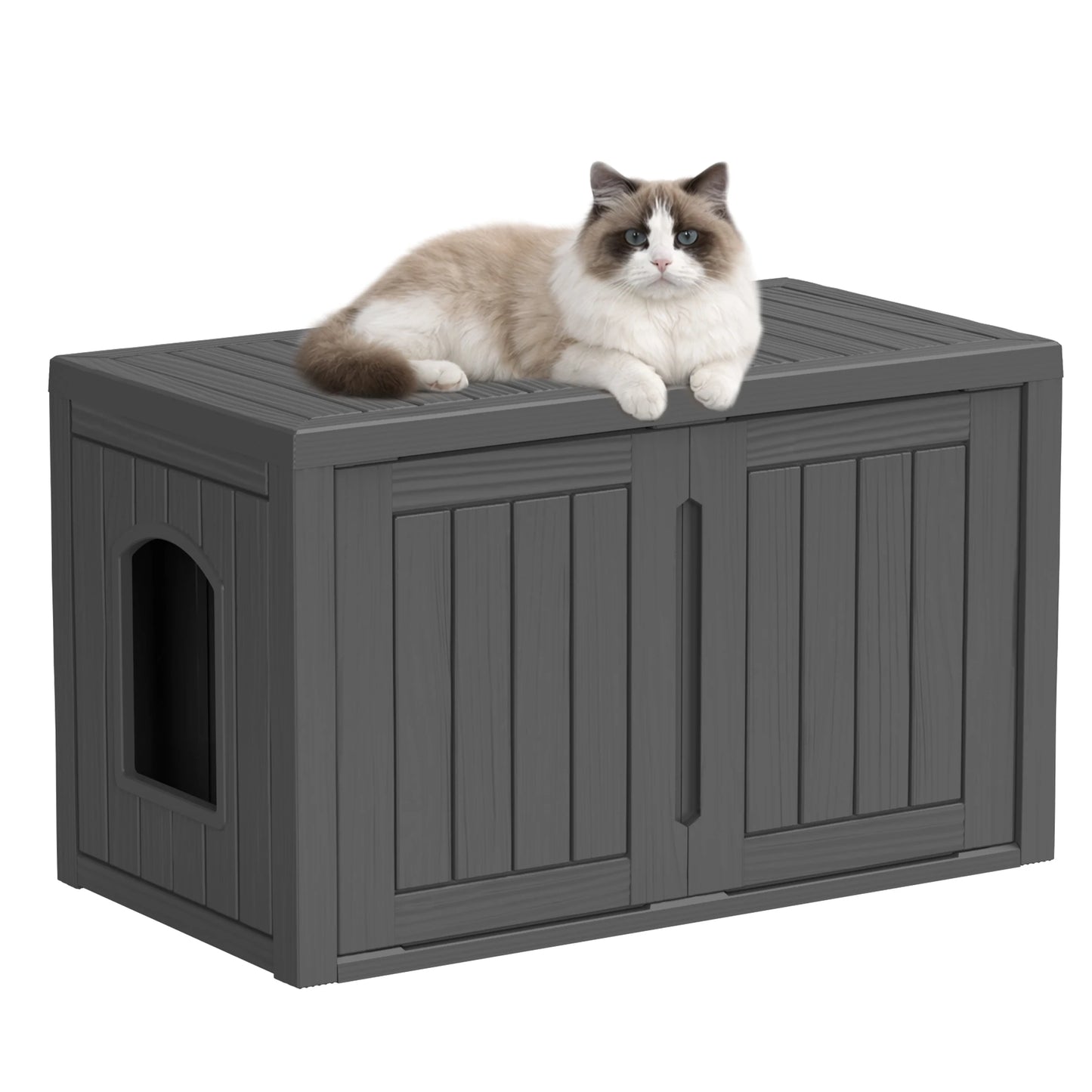 Hidden Resin Cat House with Double Front Doors, Weatherproof Indoor Outdoor Pet Shelter with Flat Lounge Top for Stray & House Cats