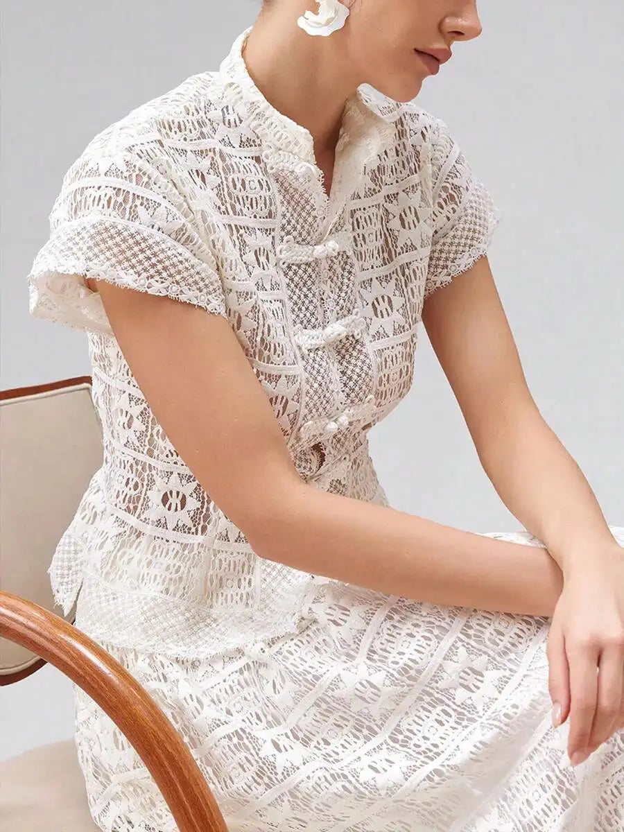 Elegant Lace High Neck Flutter Sleeve Blouse Vintage Crochet Openwork Top Summer