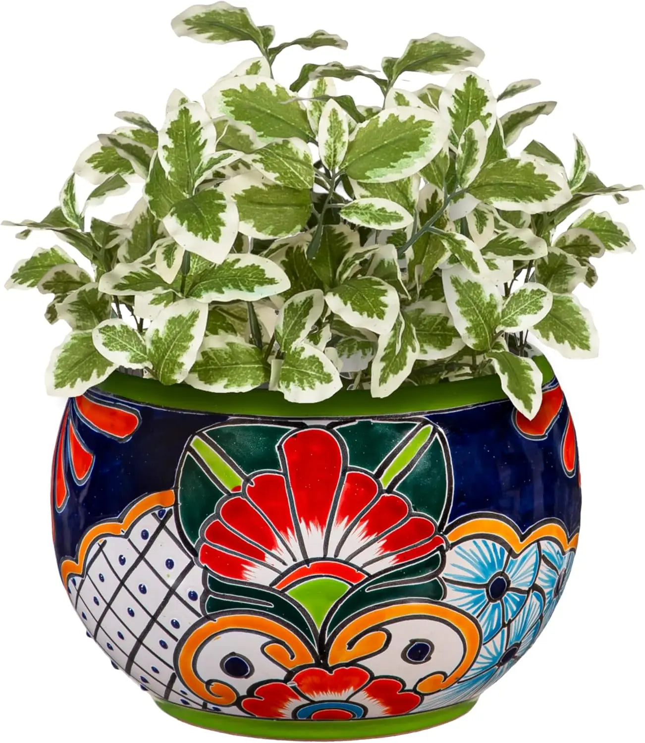 Indoor/Outdoor, Ceramic, Green, Talavera Mexican Pottery Flower Pot for Succulents