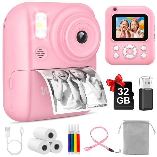Kids Camera Instant Print,Instant Camera for Kids,2.5K UHD Digital Camera with 2.6" LCD, Dual Camera,16X Zoom, Games, 32G SD Card,Birthday Gifts for 3-10 Year Old Girls Boys