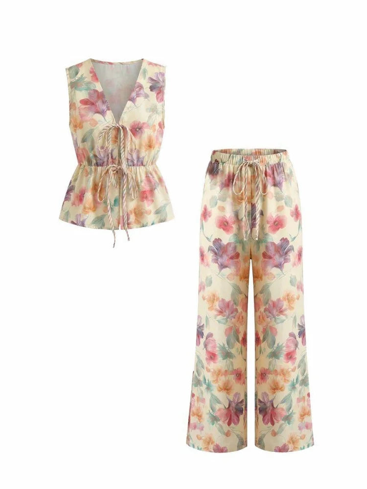 Pant Suit V Neck Sleeveless Drawstring Waist Floral Print Split Hem Wide Leg Trousers Matching Outfit For Women Holiday Picnic Soft Elegant Wear