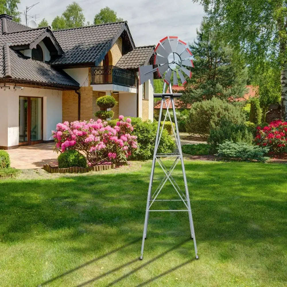 8FT Ornamental Windmill Backyard Garden Weather Vane Heavy Duty Metal 4 Legs Grey