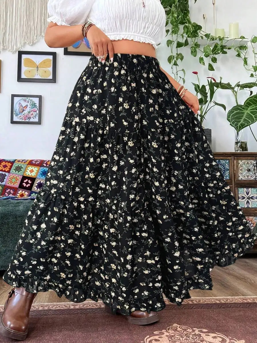 Plus Size Women Floral Print Maxi Skirt Bohemian Vacation Beach Outfit