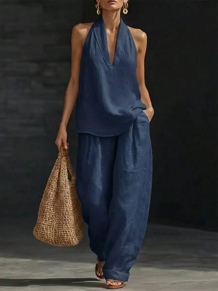 Casual 2 Piece Set Women Halter V Neck Sleeveless Top And Wide Leg Pants
