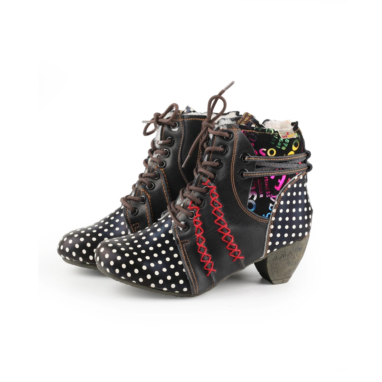 TMA EYES Women's Retro Polka Dot Mid Heel Boots Spring Autumn Winter Fashion Patchwork Chunky Heel Side Zipper Ankle Boots