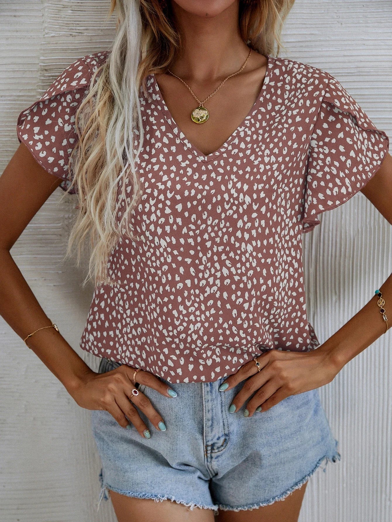 Leopard Print Petal Sleeve V-Neck Blouse Casual Top