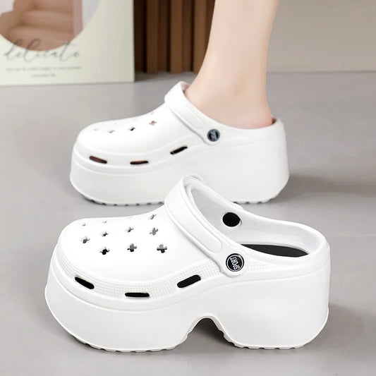 9CM Thick Women's Sandals 2024 New Summer Slippers High Heel Soft Sole Beach Garden Shoes Outdoor Waterproof Women's Hole Shoes