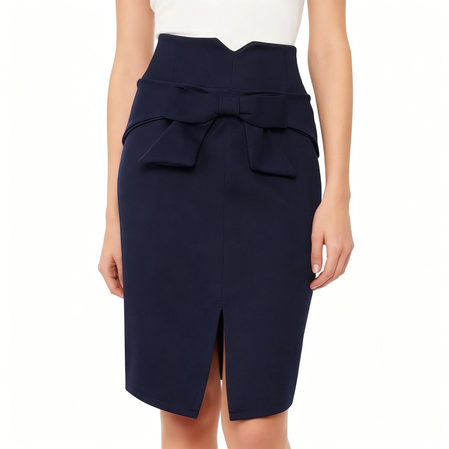 New Women Pencil Skirt Knee Length High Waist Elegant Open Slit Bow Skirt