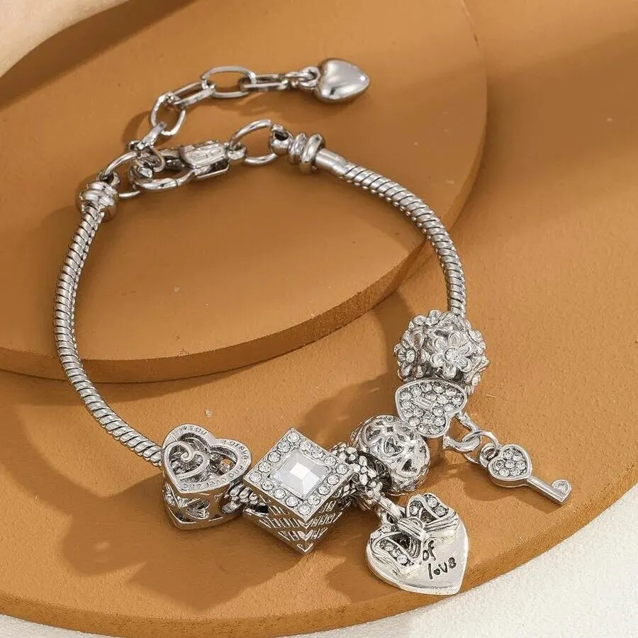 Love Heart Flower Glass Pendant Charm Bracelet Classic Pink White Crystal Stone Adjustable Bead Bracelet Silver Gold Color