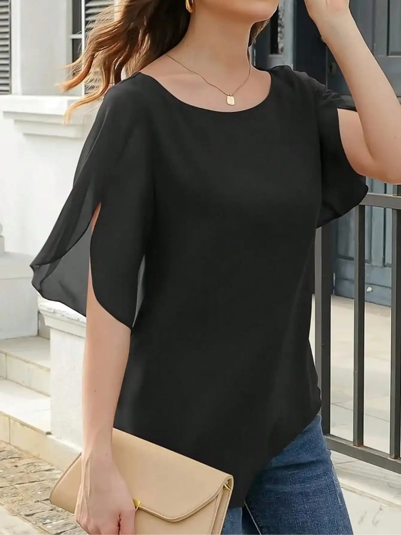 Women's Summer Solid Color Round Neck Short Sleeve Loose Blouse