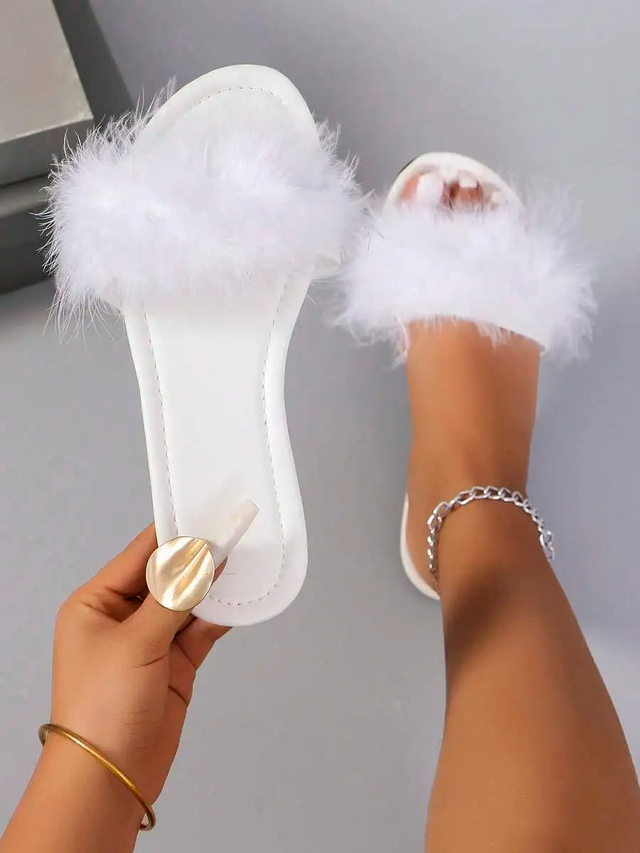 Women Open Toe Flat Faux Fur Slip-On Sandals Comfortable Elegant For Casual Dress Party