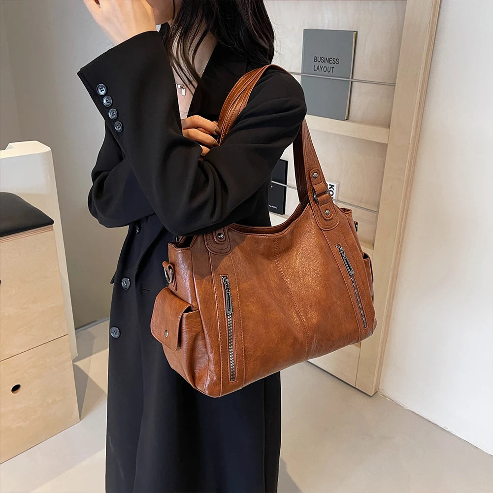 Tote Bag PU Leather with Zipper Shoulder Bag for Women with Multi-Pockets Messenger Bag Retro Handbag for Work Travel