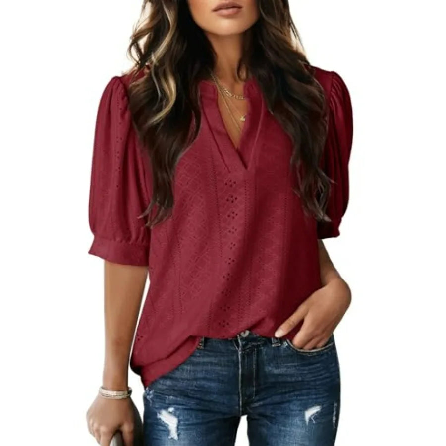 Dokotoo Womens Summer Business Casual Blouses V Neck Short Sleeve Shirts Eyelet Cute Lace Tops