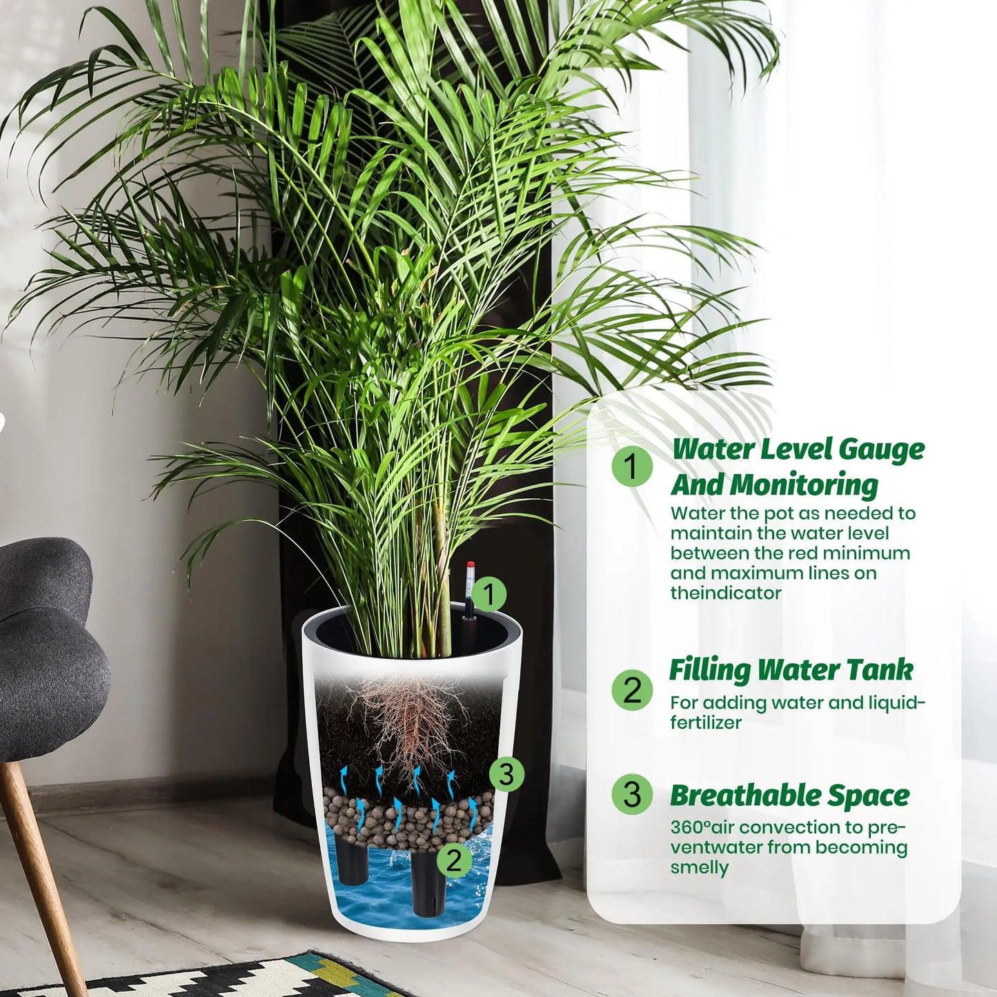 16 Inch Tall Self Watering Planters Set Of 2 With Water Level Indicator, Drainage Reservoir Indoor Outdoor Flower Pots For Patio Porch
