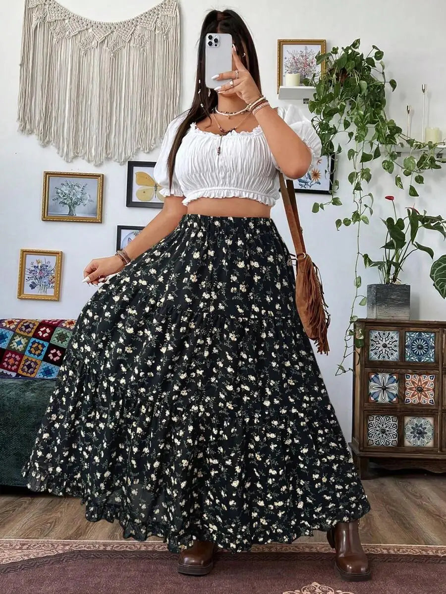Plus Size Women Floral Print Maxi Skirt Bohemian Vacation Beach Outfit