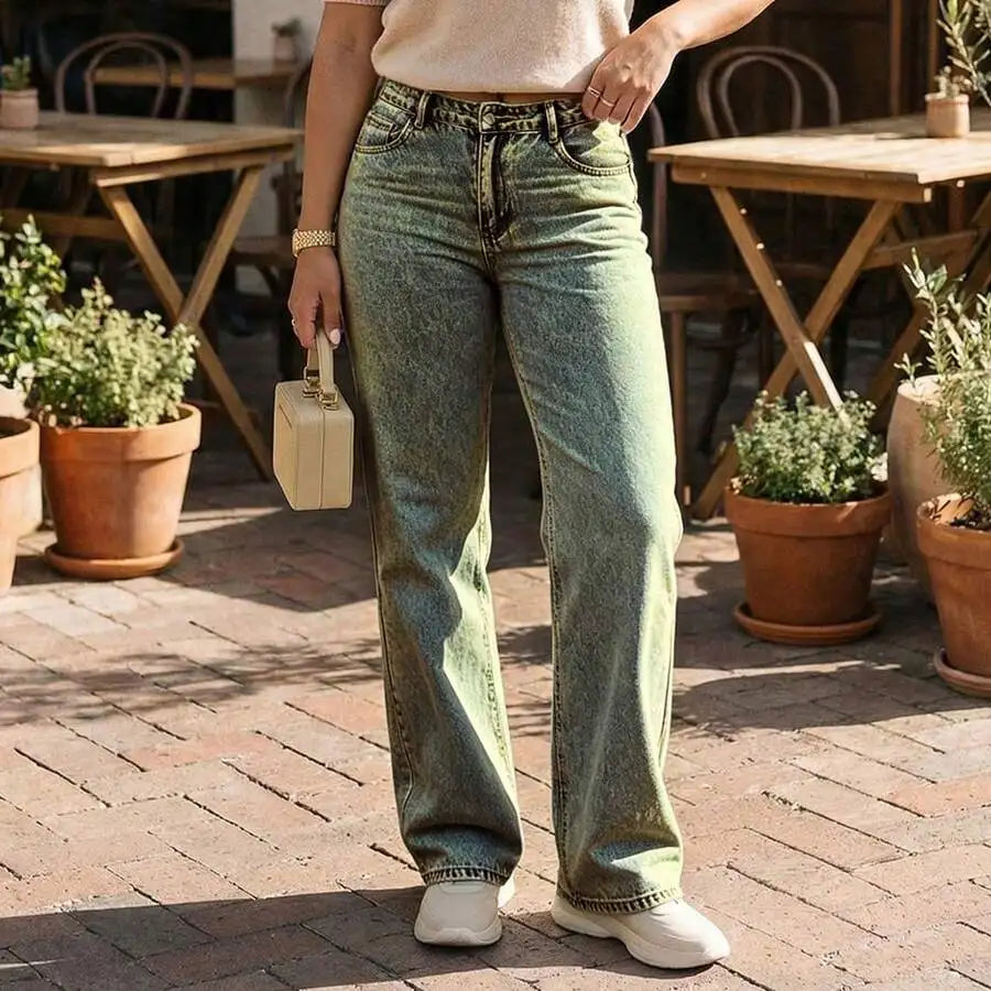 Womens Mid Rise Straight Leg Black Denim Jeans, Casual Loose Fit Trousers
