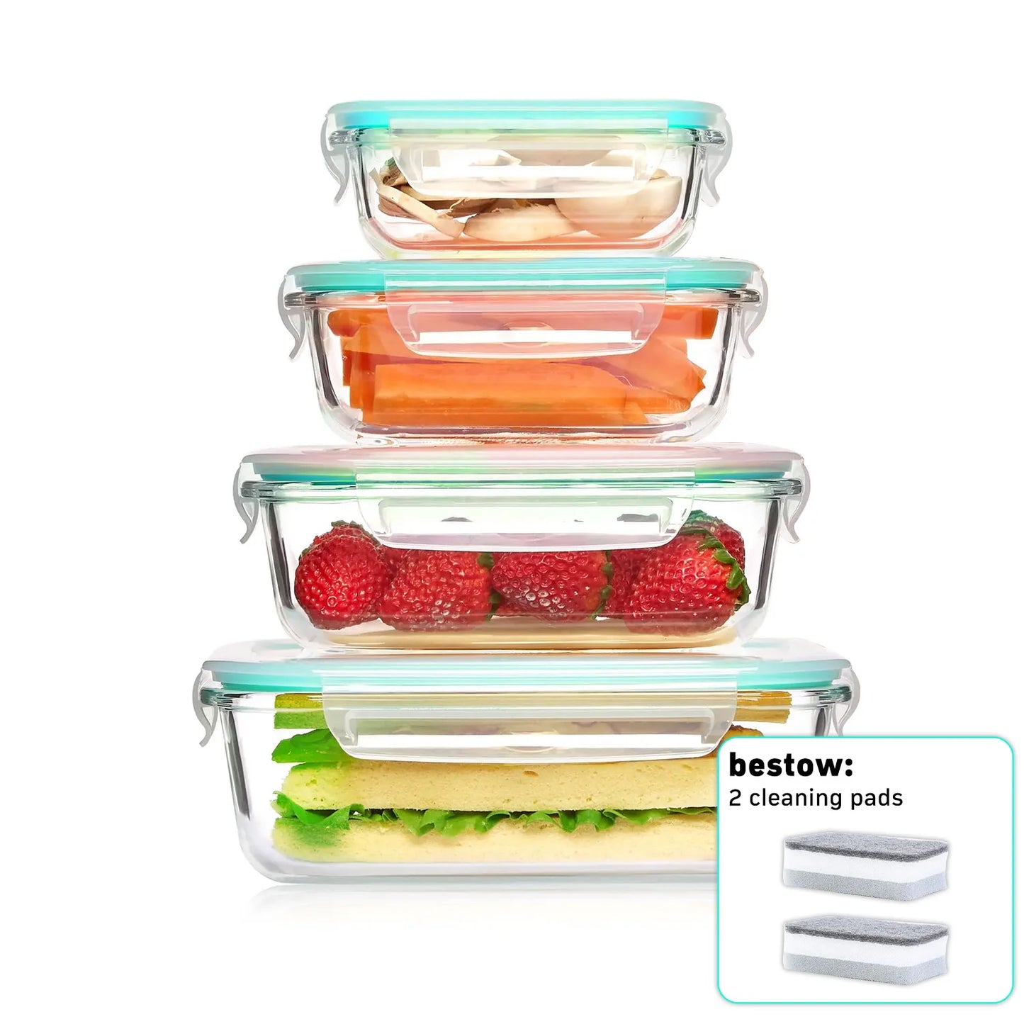 Glass Food Storage Containers 4-Pack with Lids, Airtight Leakproof for Lunch, Meal Prep, Dishwasher Safe, Green (12.5 to 42 Oz)