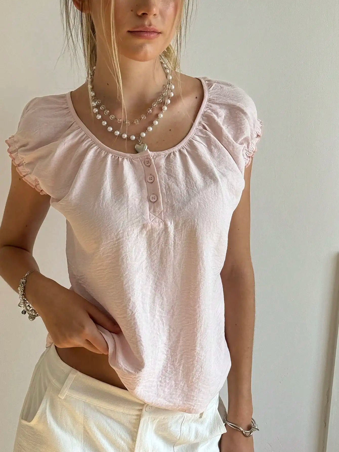 Women's Ruffled Sleeve Half-Open Neck Button Top