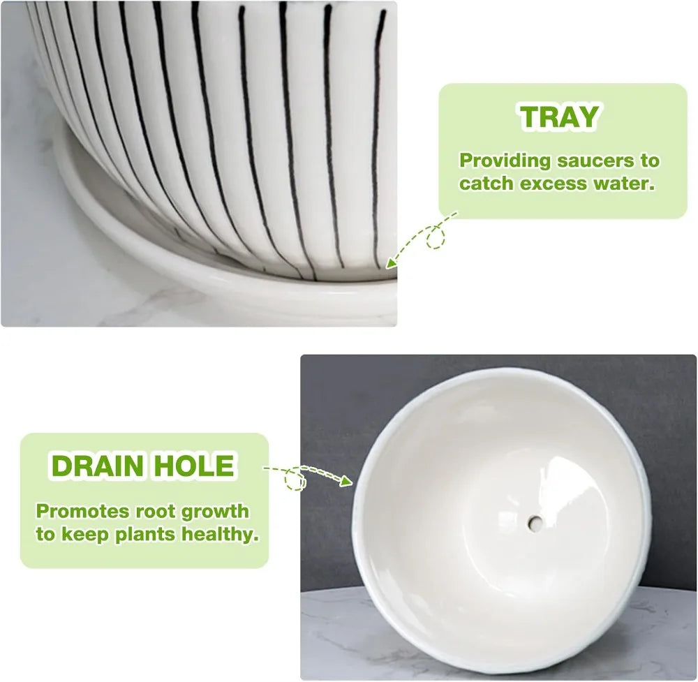 Ceramic Plant Pots Set of 3, 6.75/5.6/4.2 inch Planters with Drainage Holes and Saucers for Indoor Outdoor Garden Decor