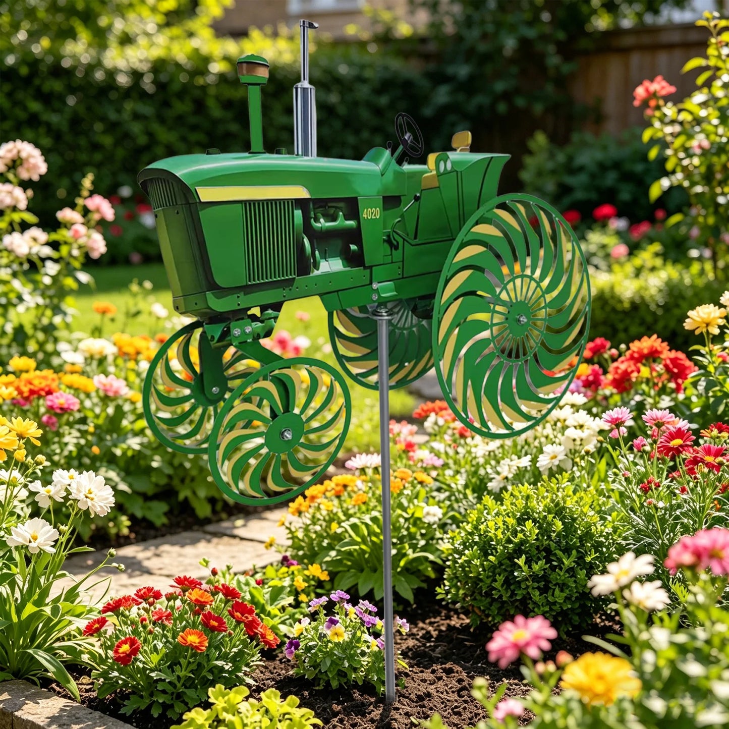 Green Tractor Garden Windmill with Rotating Wheels Yard Ground Stake Windmill Windmill Stake for Yard Lawn & Outdoor Decoration