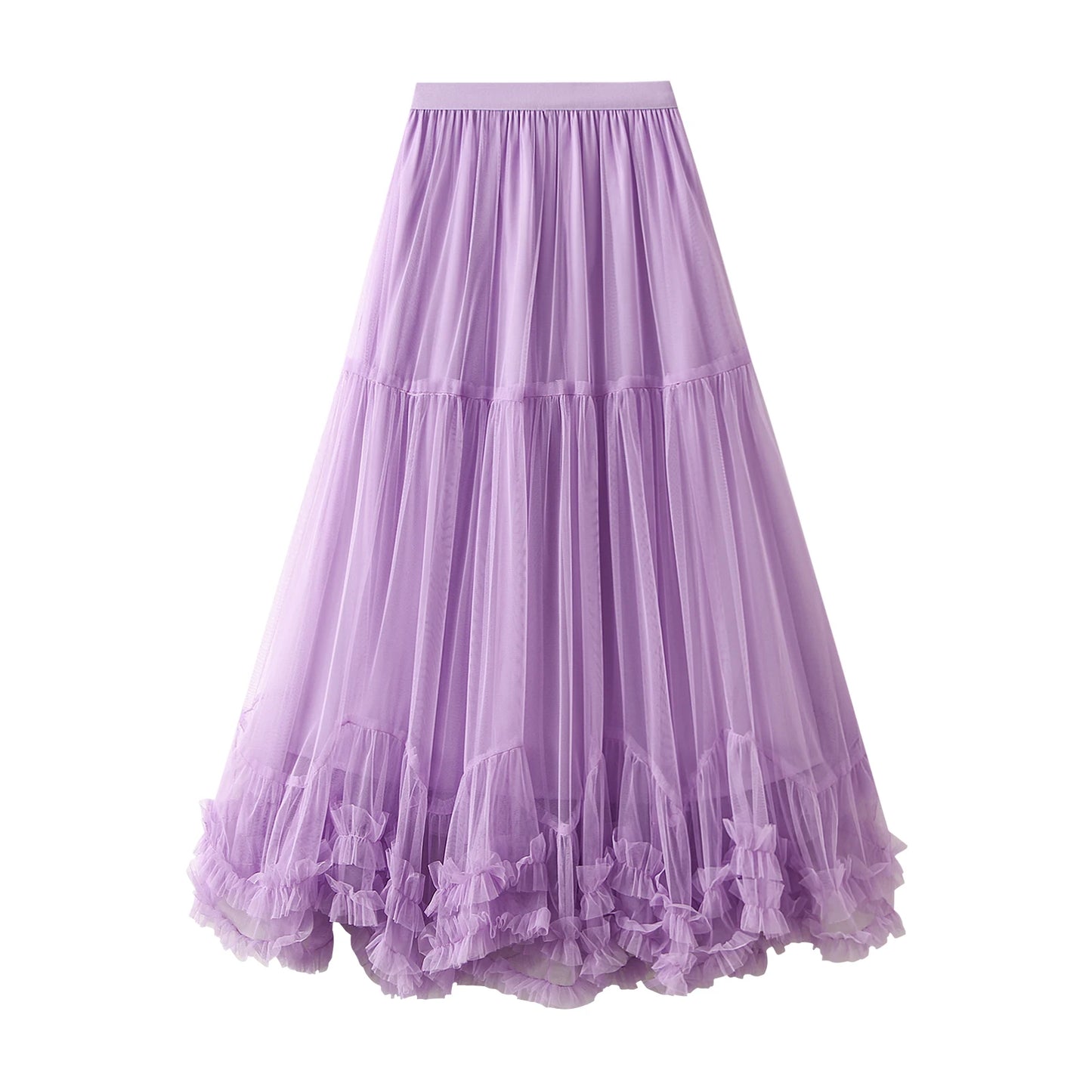 Women’s Tulle Long Skirts Elastic High Waist Ruffle Hem Tutu Skirts Fluffy A-line Midi Skirts