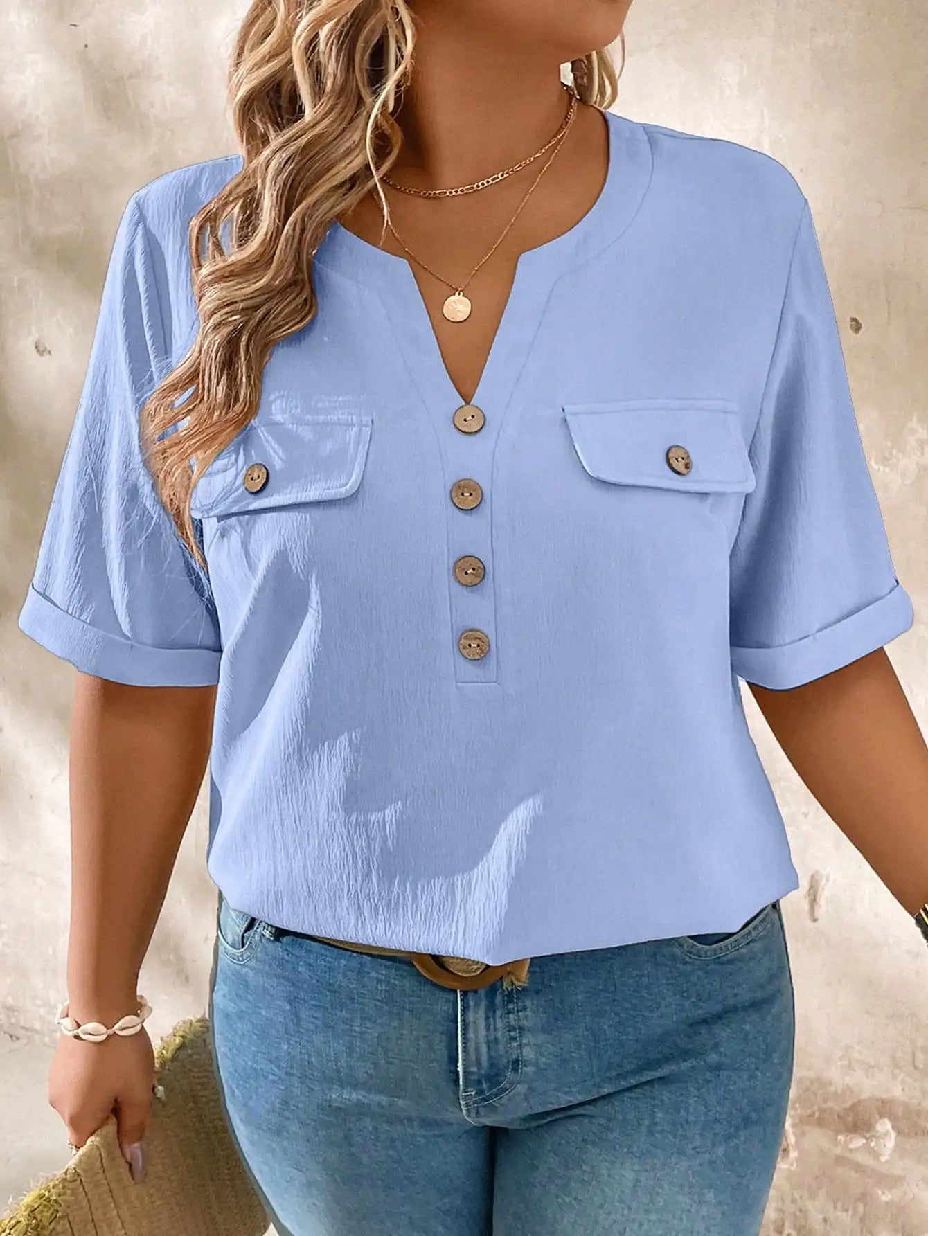 Casual V-Neck Short Sleeve Shirt With Wood Buttons