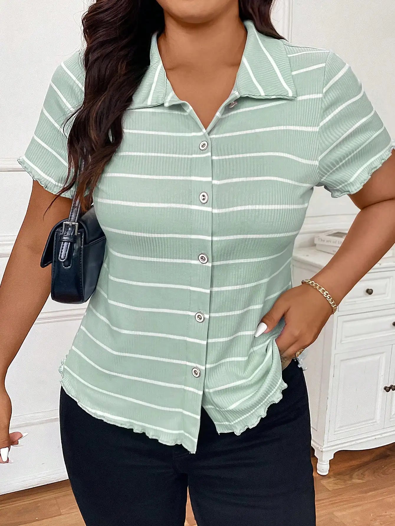 Striped Button Front Polo Shirt Short Sleeve Casual Office Elegant Women's Top