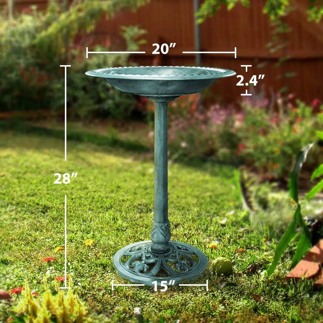 Bird Bath 28 Inch Polyresin Lightweight Antique Style Outdoor Garden Decor Green Finish
