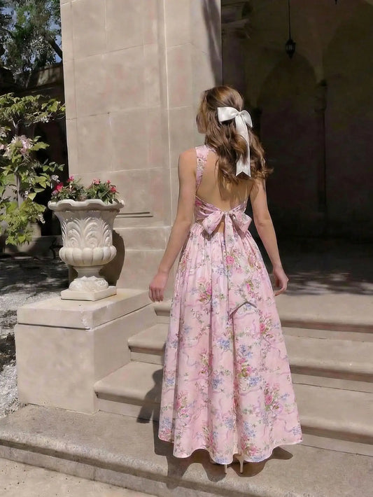 Pink Floral Halter Neck Midi Dress With Bow Tie Waist And Full Skirt, Romantic Cottagecore Style For Garden Party Or Vacation