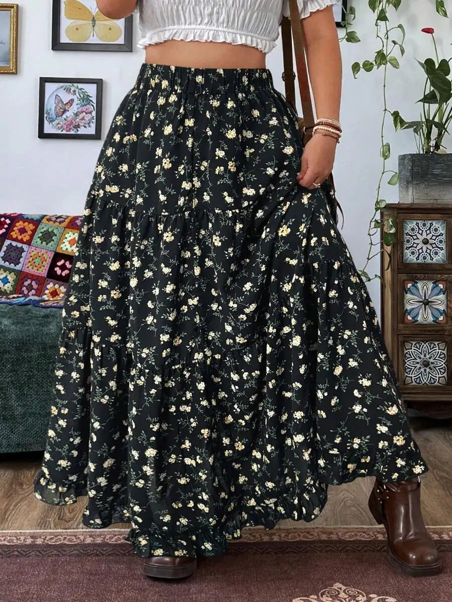 Plus Size Women Floral Print Maxi Skirt Bohemian Vacation Beach Outfit