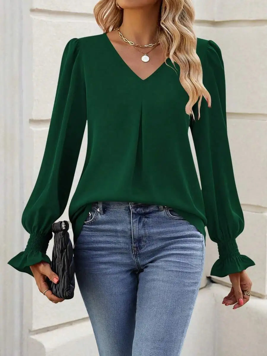 Womens Long Sleeve V Neck Loose Chiffon Blouse Casual Elegant Tunic Top