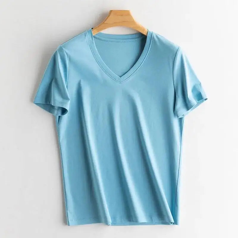 Summer 6% Mulberry Silk Cotton T-shirts Women Loose Round Neck Short Sleeve Luxury Tee Solid Color Basic Tops
