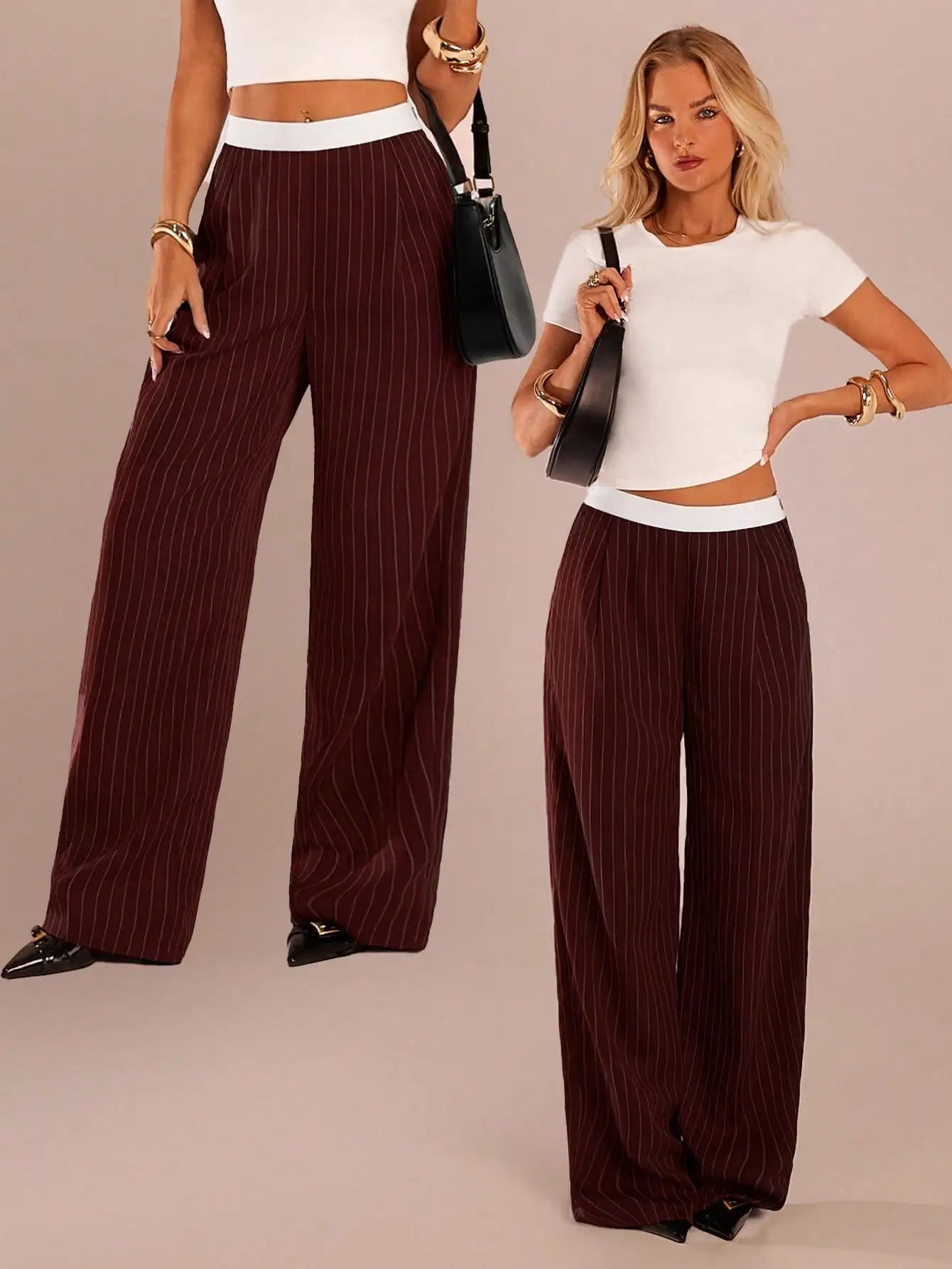 Wide Leg Pinstripe Trousers For Women Casual Office Party