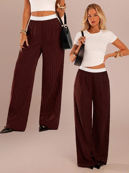 Wide Leg Pinstripe Trousers For Women Casual Office Party