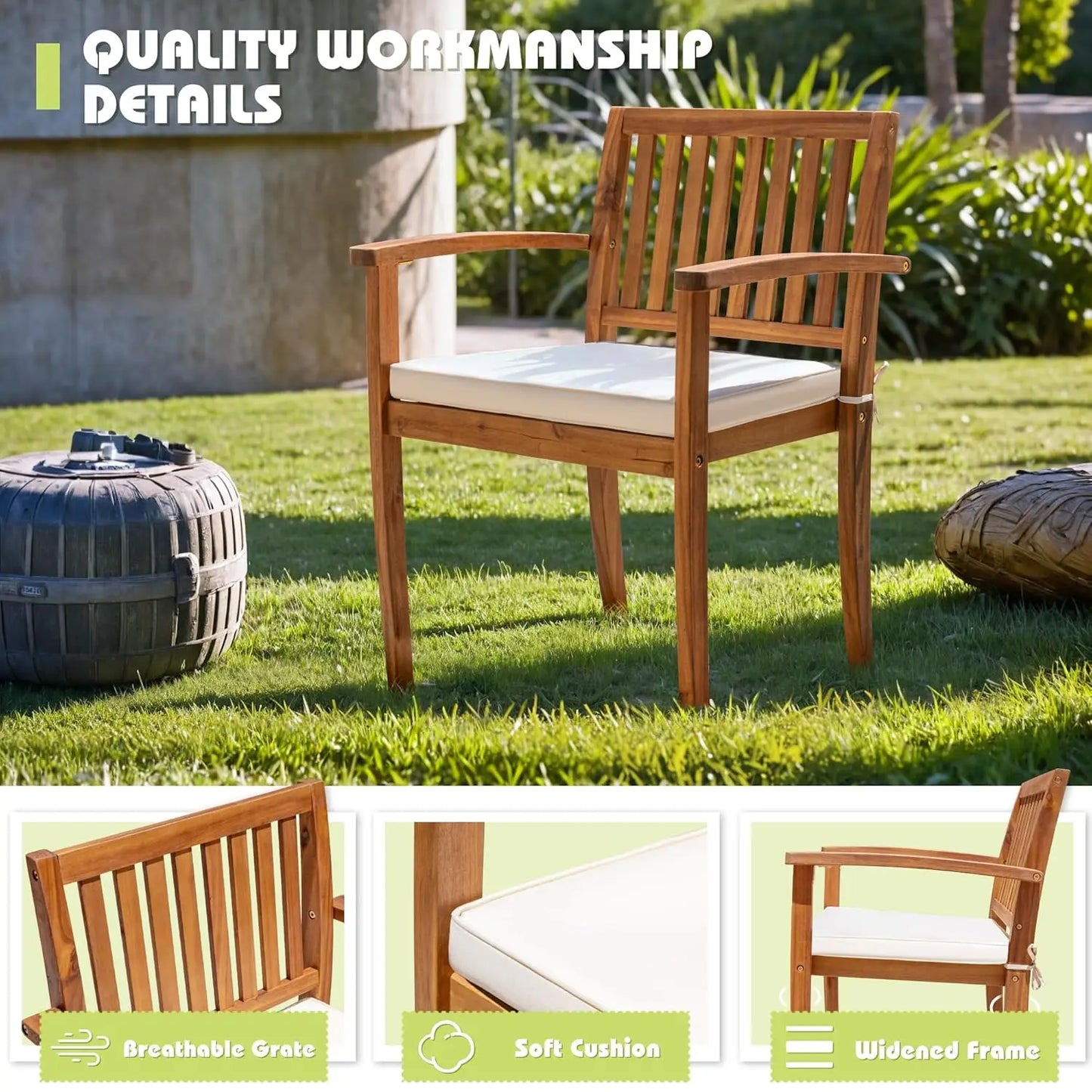 5 Piece Acacia Wood Outdoor Dining Set with Soft Cushions for Deck Backyard Garden, Custom