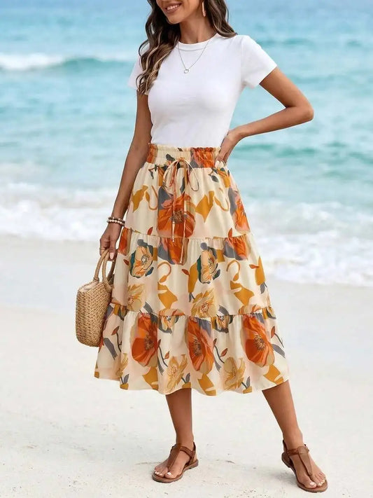 Boho Floral Print Tiered Ruffle Midi Skirt Women High Waist Elastic A-Line Flowy Summer Skirt