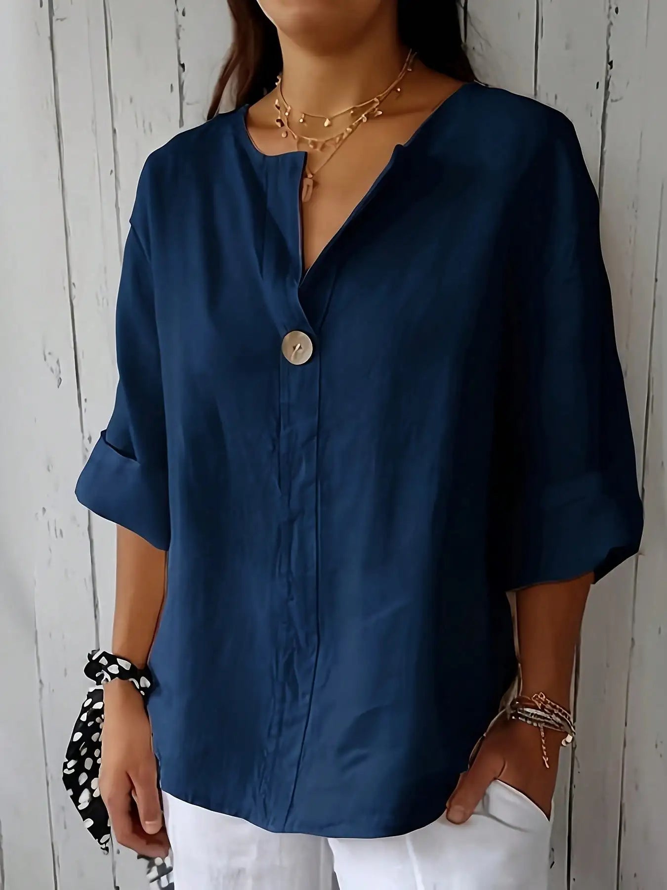 Women's Notched Collar Button Up Woven Blouse Loose Fit Spring