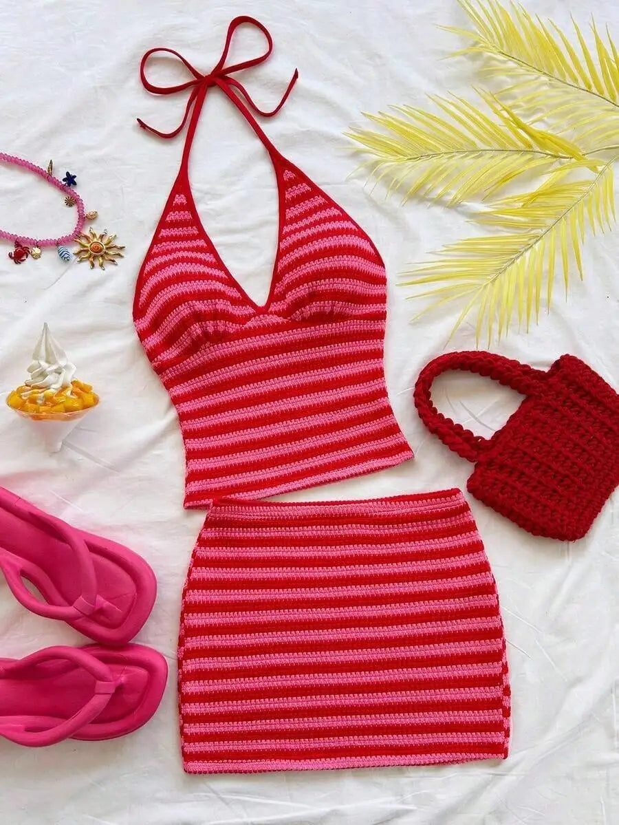 Womens 2-Piece Vacation Set: Halter Neck Floral Top & Matching Skirt, Beach Summer Outfit