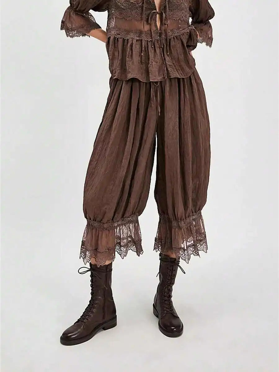 Women Cropped Lace Trim Bloomers Loose Mid Rise Victorian Pantaloons Streetwear