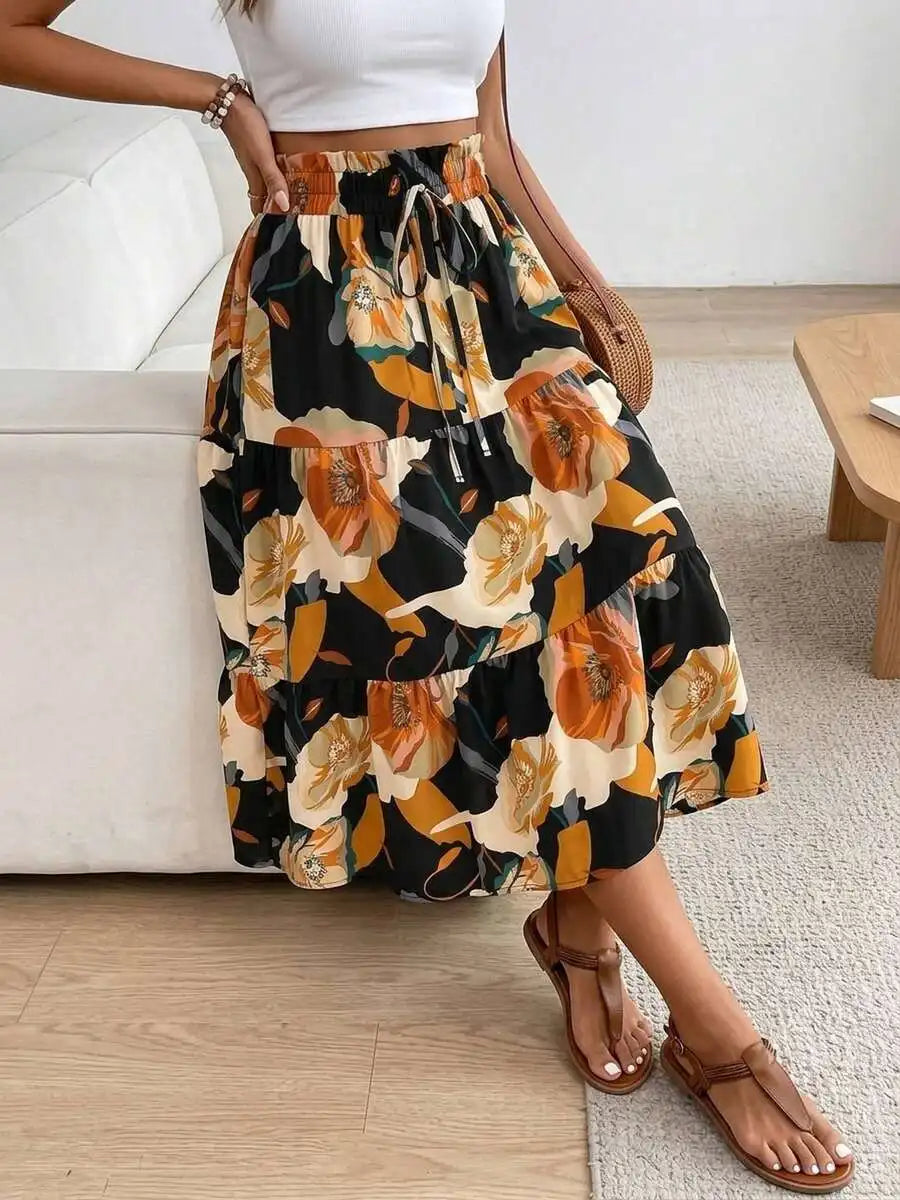 Boho Floral Print Tiered Ruffle Midi Skirt Women High Waist Elastic A-Line Flowy Summer Skirt