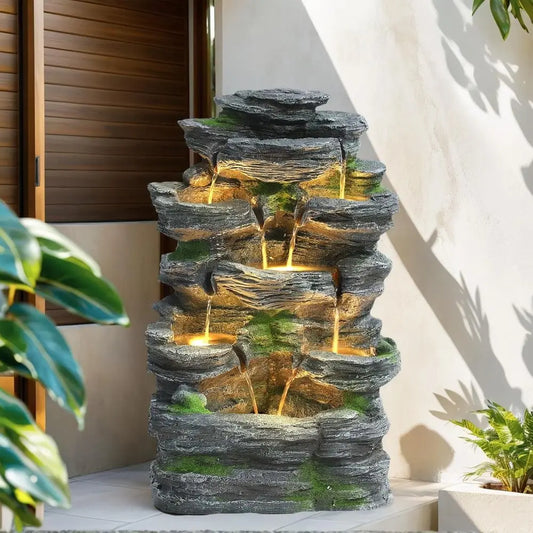 7-Tier Cascading Rock Fountain with LED Lights, Suitable for Indoor and Outdoor Use, Perfect for Home and Garden Decor