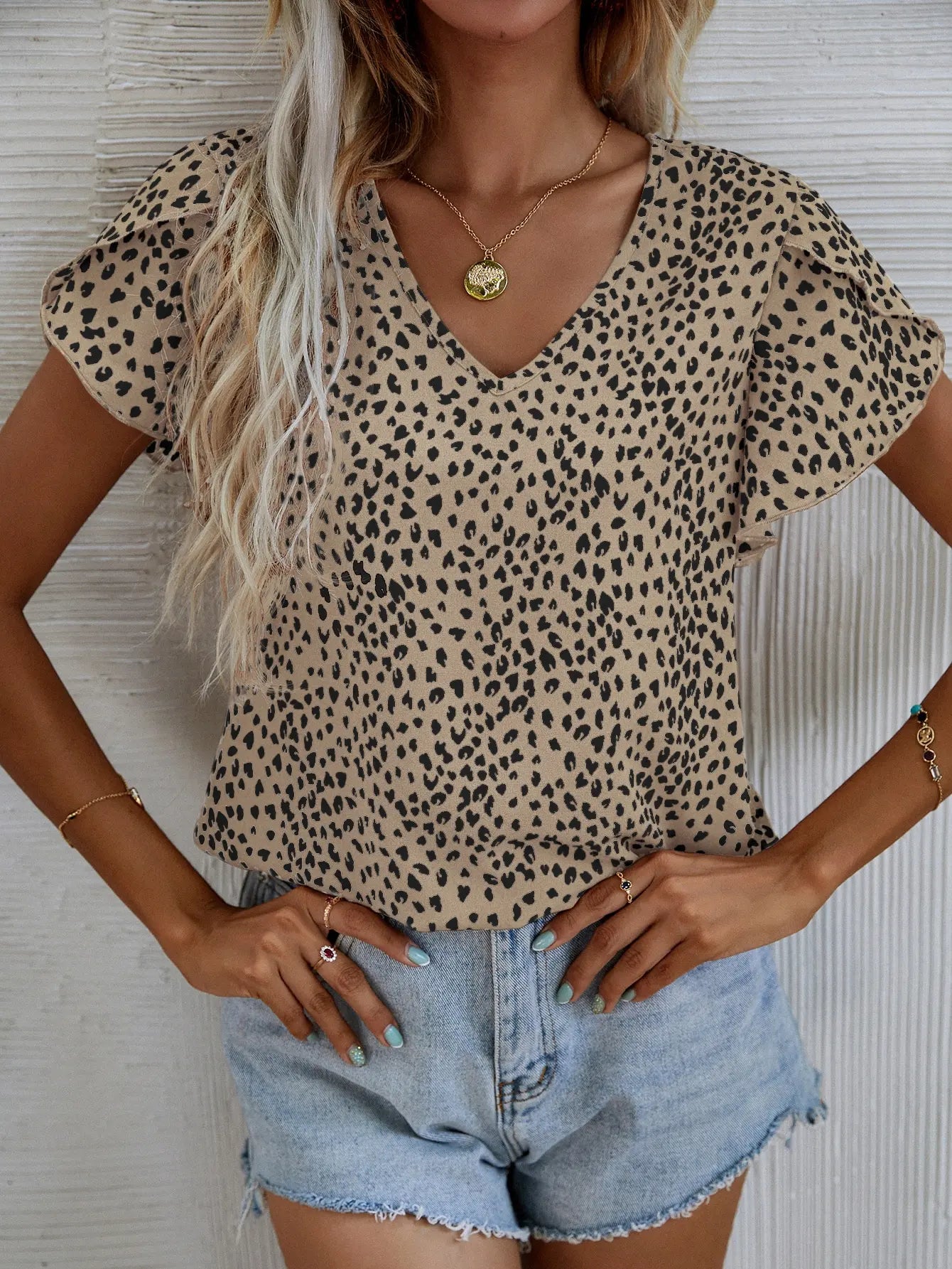 Leopard Print Petal Sleeve V-Neck Blouse Casual Top