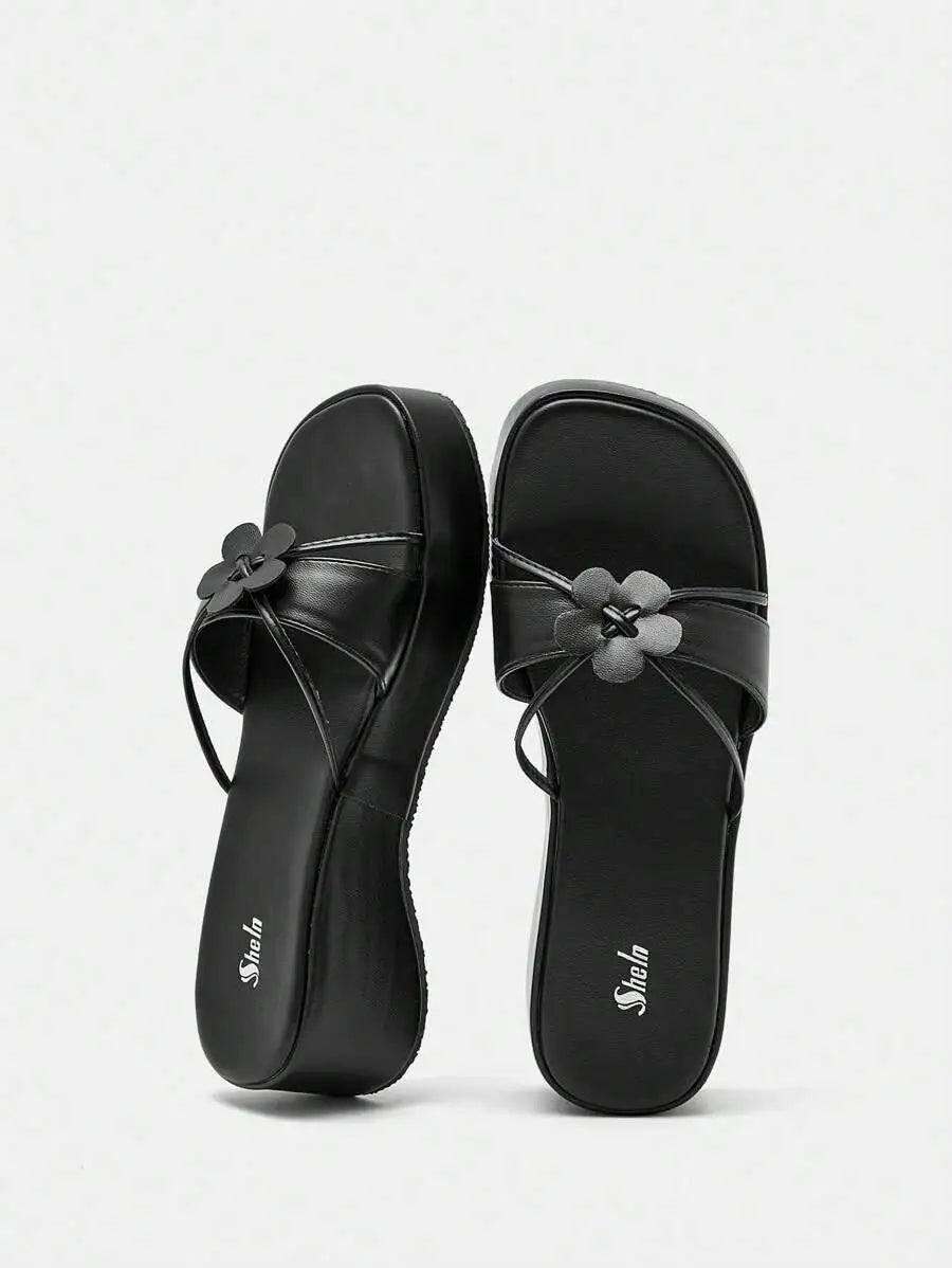 Elegant Black Wedge Slide Women, Flower Decor Sandals Vacation Summer Back To School College Student Shoes Spring