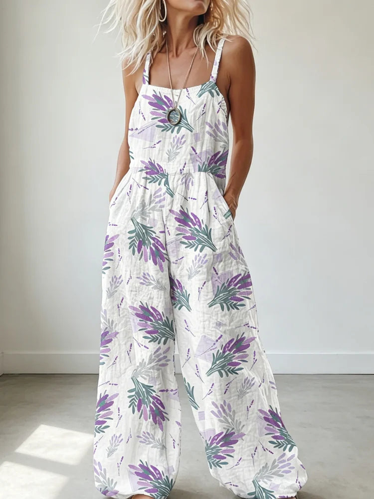 Bohemian Style Floral Jumpsuit for Women, Spaghetti Strap Smocked Bodice Wide-Leg Romper, Casual Summer Beach Vacation Jumpsuit with Pockets