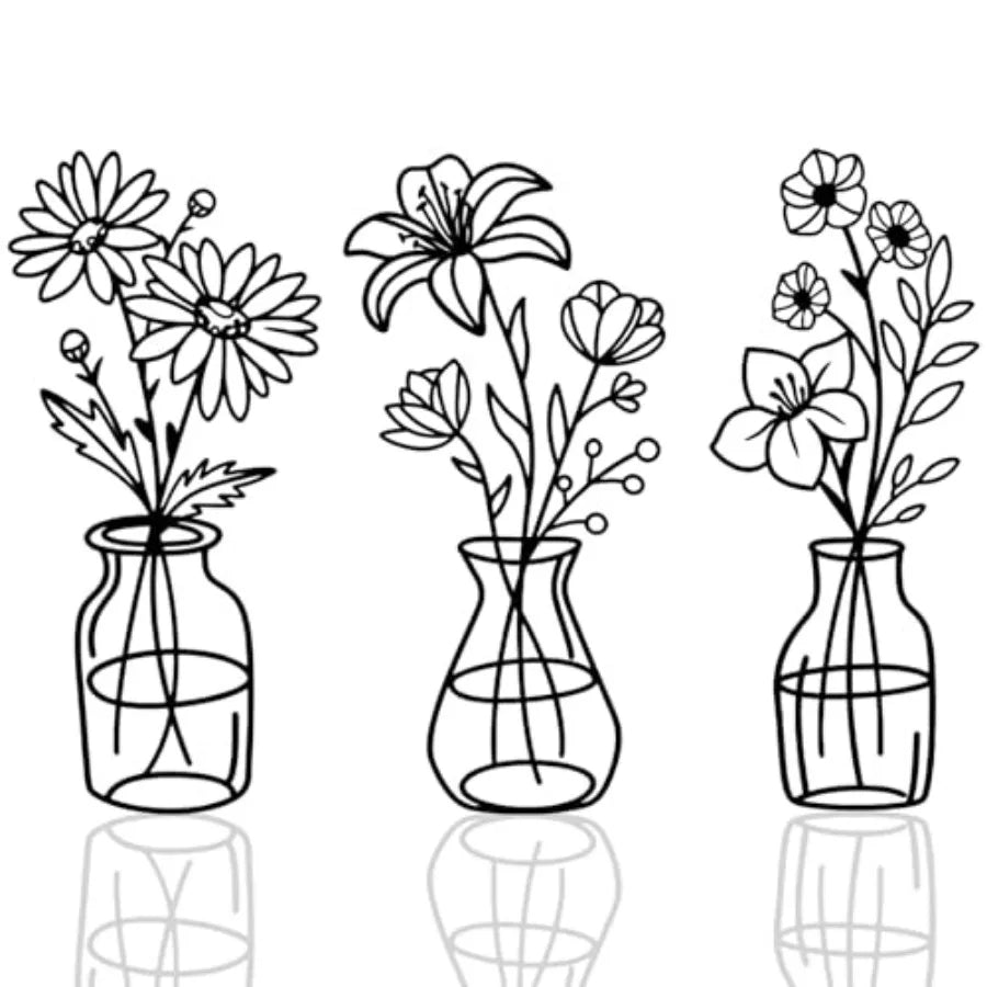 3 Pieces Metal Flowers Wall Arts, Black Metal Vase Wall Art, Rustic Farmhouse Decor Black