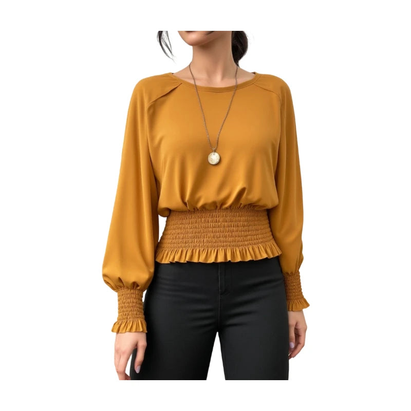 Round Neck Blouse Long Sleeve Raglan Shoulder Smocked Waist Ruffle Cuff Solid Top For Women Daily Office Work School Casual Elegant Stylish Garment