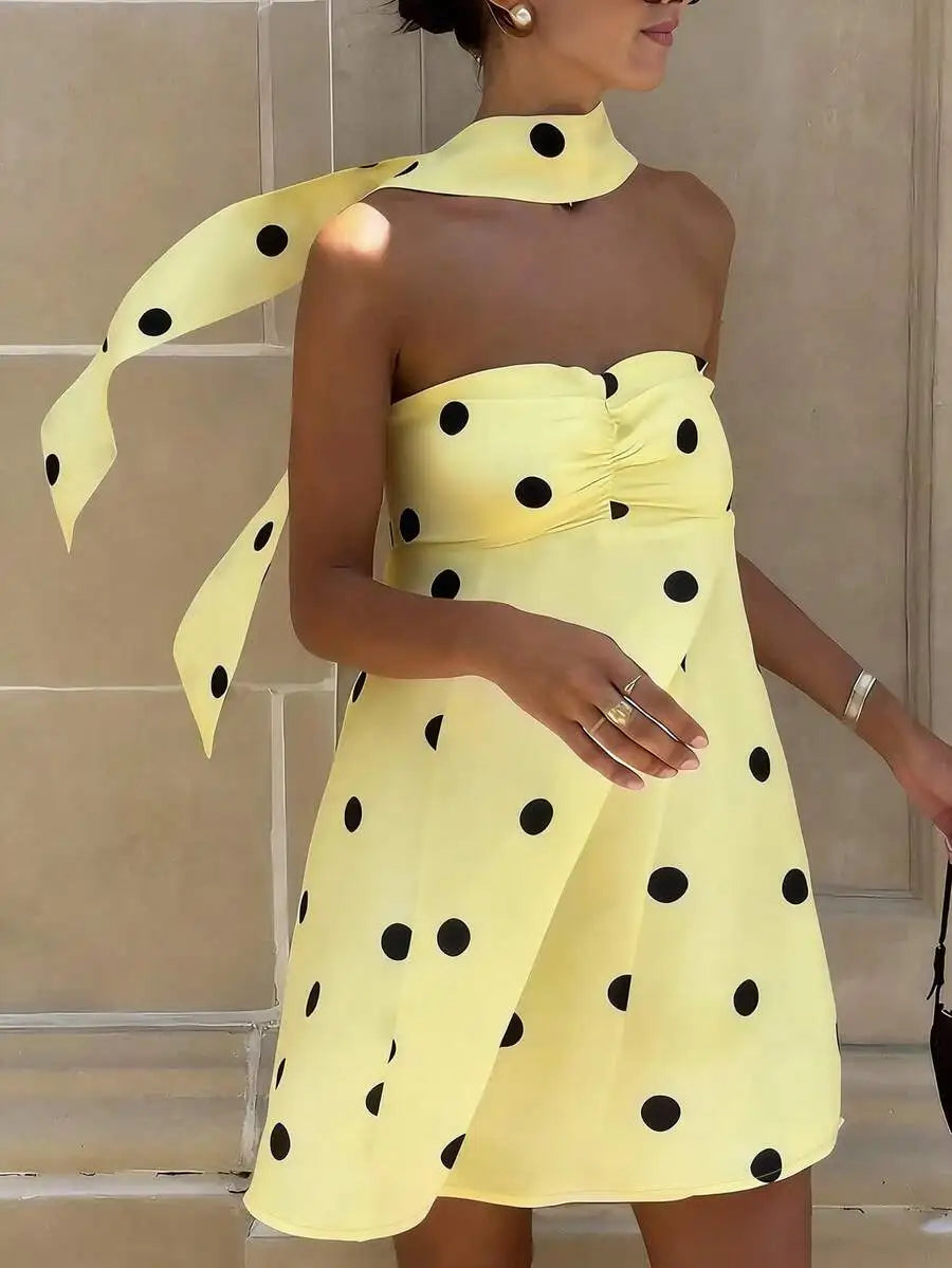 Womens Polka Dot Halter Neck Sleeveless A-Line Mini Dress Casual Yellow
