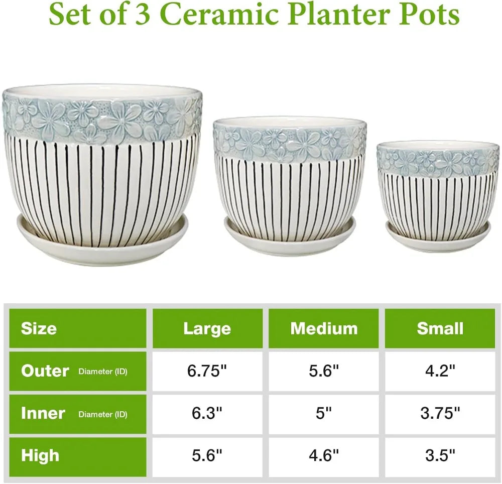 Ceramic Plant Pots Set of 3, 6.75/5.6/4.2 inch Planters with Drainage Holes and Saucers for Indoor Outdoor Garden Decor