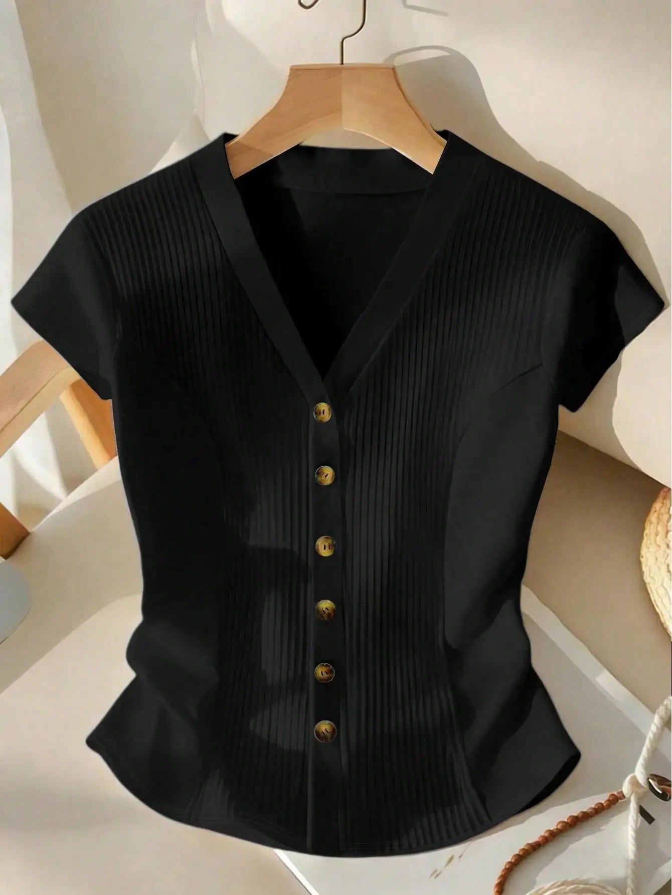 Women's Deep V-Neck Short Sleeve Cinched Waist Button Closure Elegant Casual Blouse